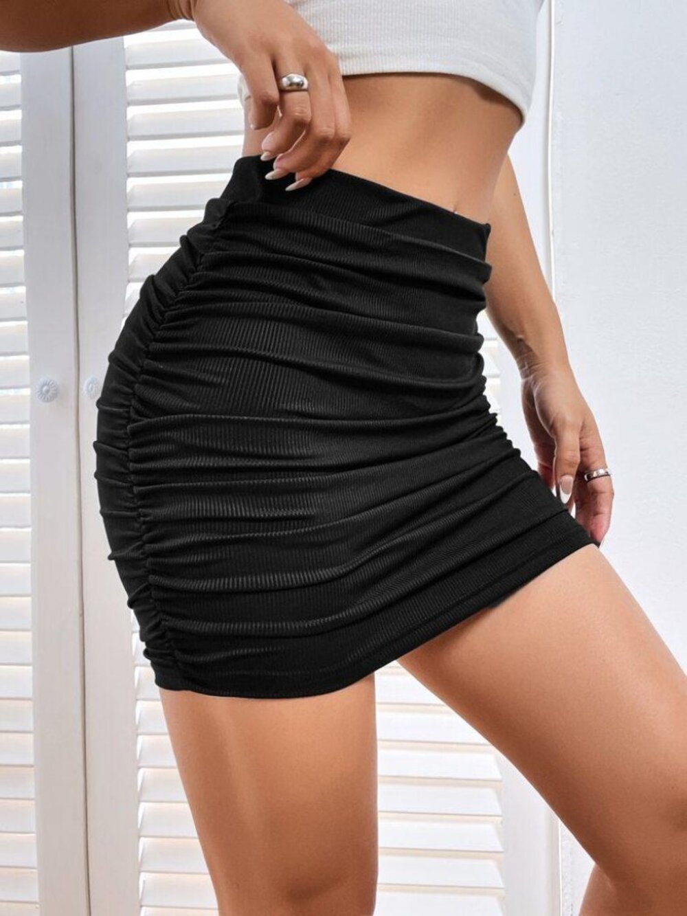 * SHEIN Black Ruched Polyester High Waist Bodycon Mini Skirt Size X Small